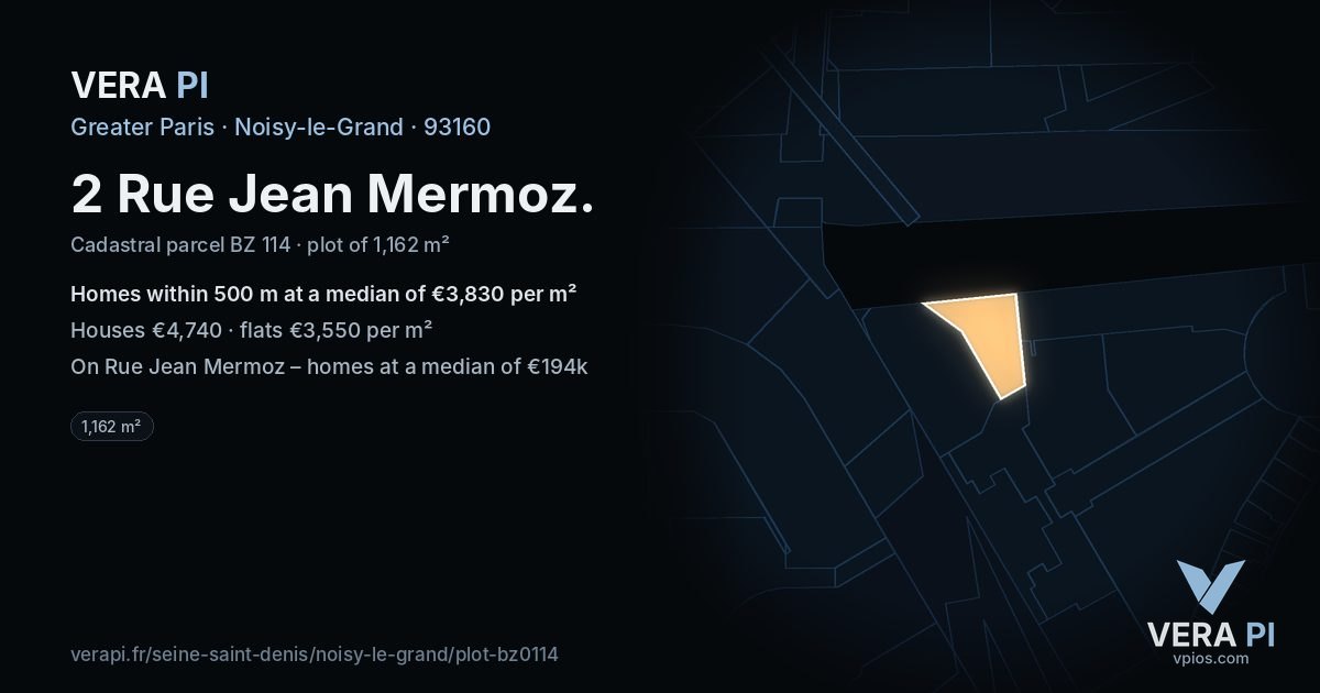 2 Rue Jean Mermoz, Noisy-le-Grand at night – the plot lit, the parcels around coloured by the prices near them