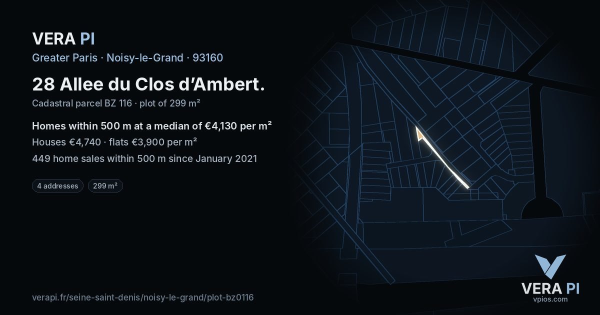 28 Allee du Clos d’Ambert, Noisy-le-Grand at night – the plot lit, the parcels around coloured by the prices near them