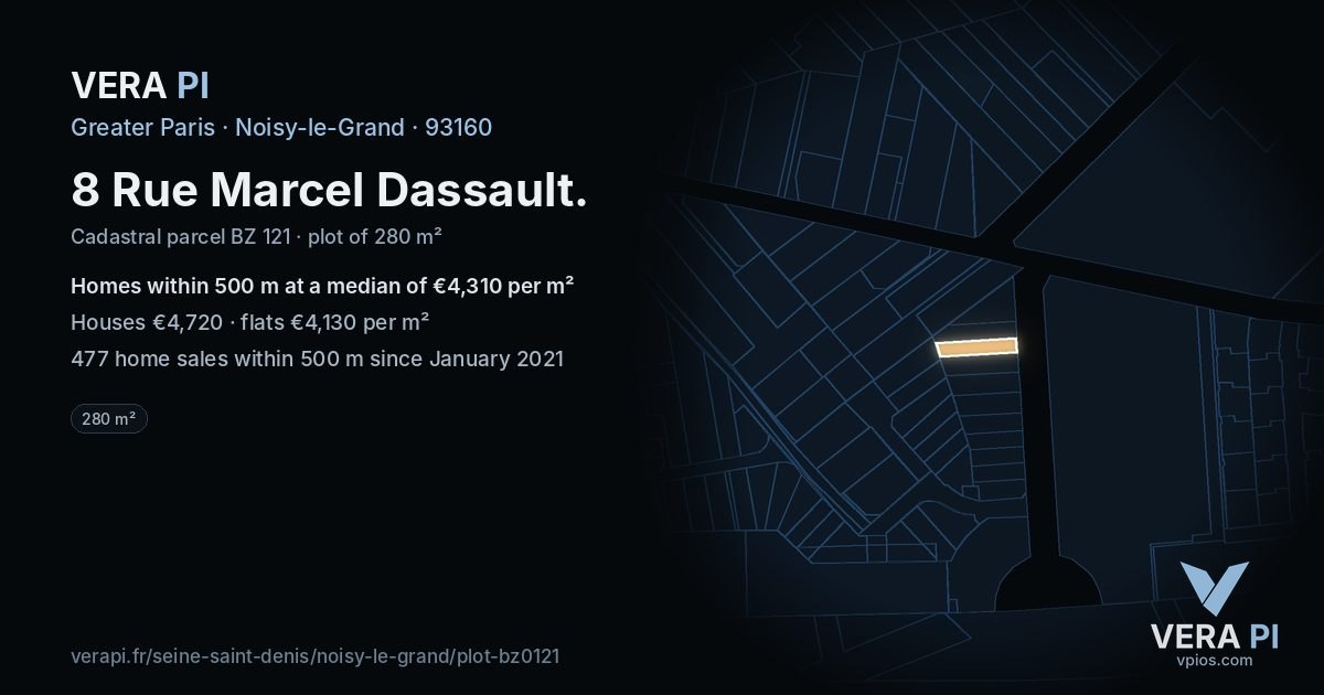 8 Rue Marcel Dassault, Noisy-le-Grand at night – the plot lit, the parcels around coloured by the prices near them