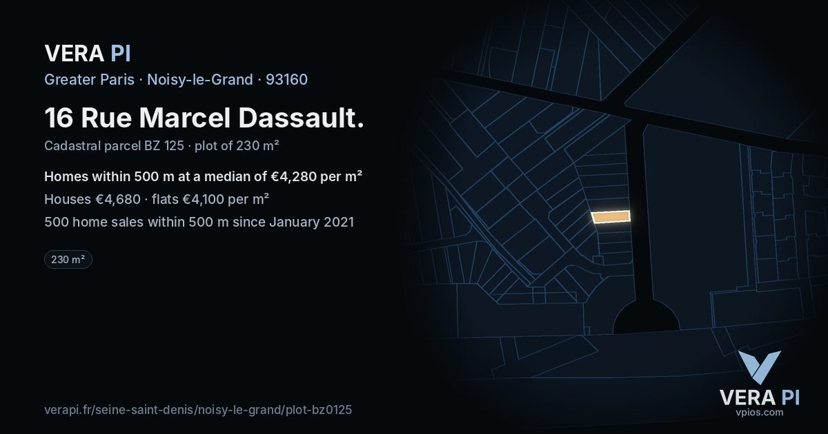 16 Rue Marcel Dassault, Noisy-le-Grand at night – the plot lit, the parcels around coloured by the prices near them