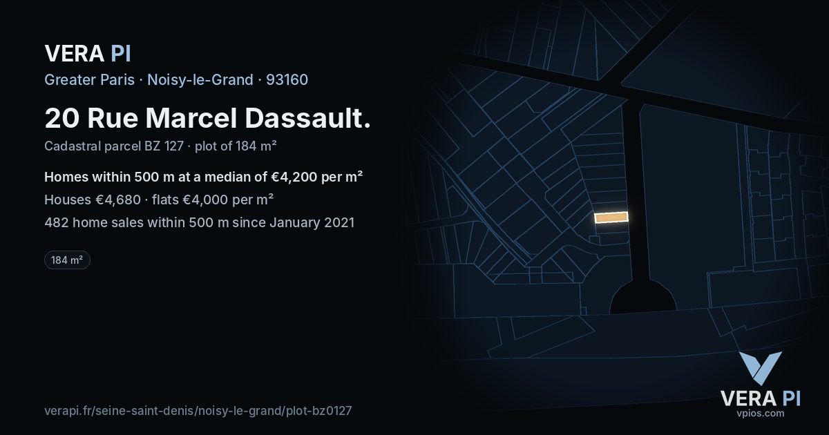 20 Rue Marcel Dassault, Noisy-le-Grand at night – the plot lit, the parcels around coloured by the prices near them