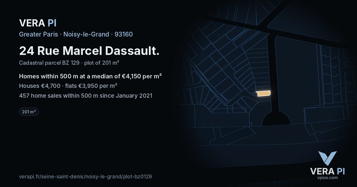 24 Rue Marcel Dassault, Noisy-le-Grand at night – the plot lit, the parcels around coloured by the prices near them