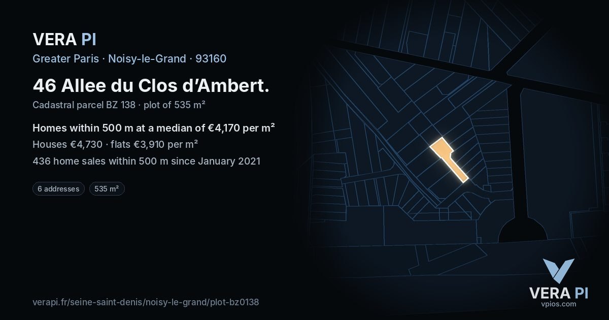 46 Allee du Clos d’Ambert, Noisy-le-Grand at night – the plot lit, the parcels around coloured by the prices near them