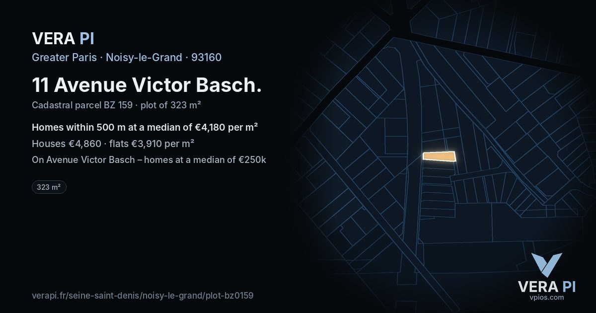 11 Avenue Victor Basch, Noisy-le-Grand at night – the plot lit, the parcels around coloured by the prices near them
