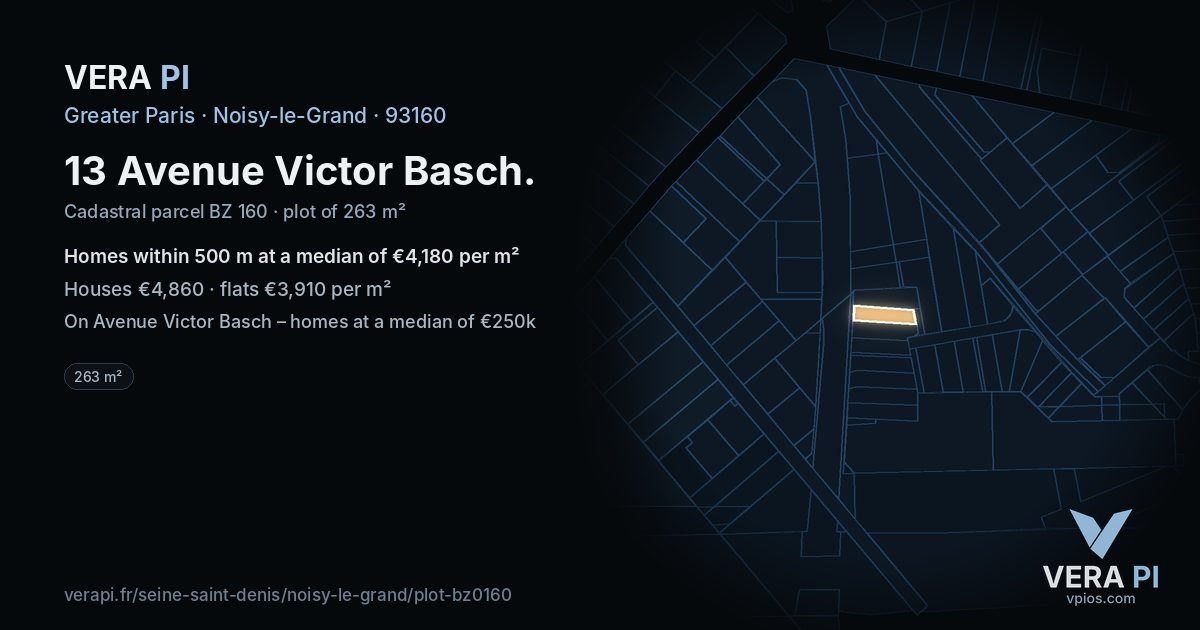 13 Avenue Victor Basch, Noisy-le-Grand at night – the plot lit, the parcels around coloured by the prices near them
