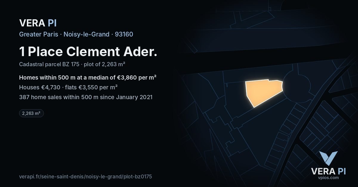 1 Place Clement Ader, Noisy-le-Grand at night – the plot lit, the parcels around coloured by the prices near them
