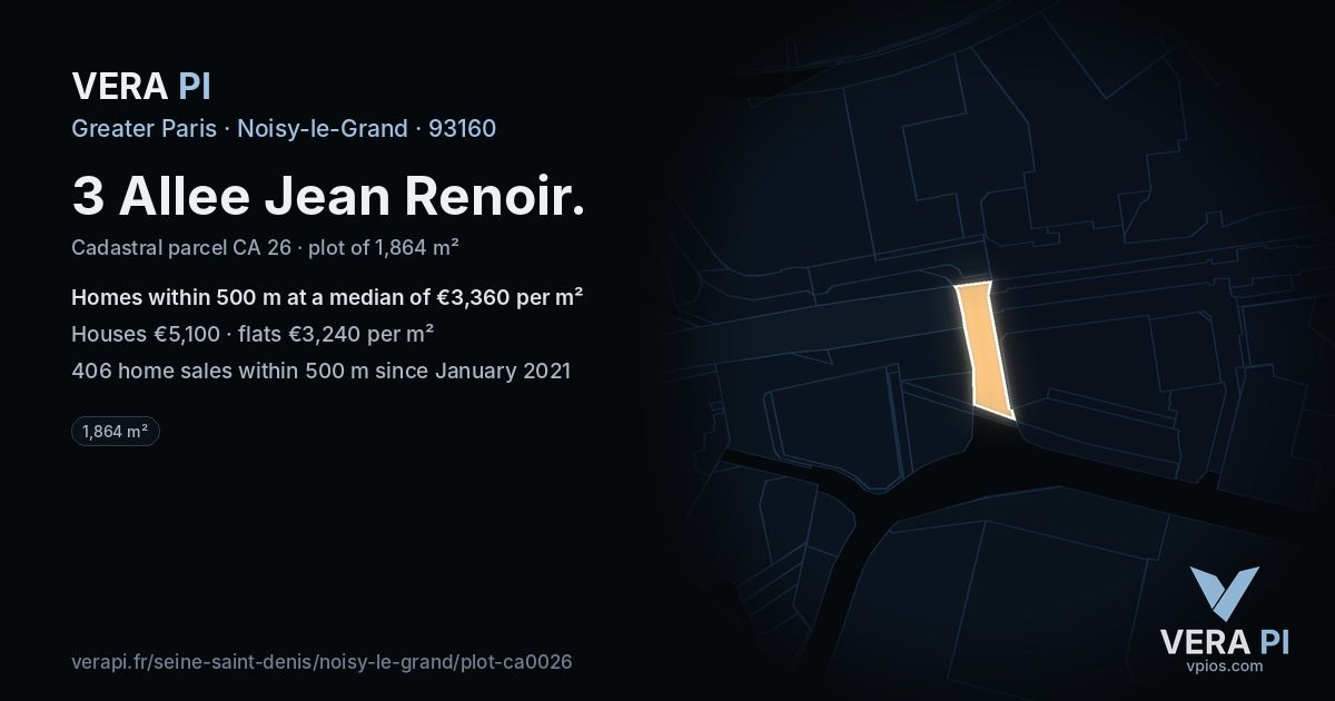 3 Allee Jean Renoir, Noisy-le-Grand at night – the plot lit, the parcels around coloured by the prices near them