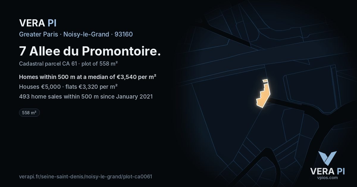 7 Allee du Promontoire, Noisy-le-Grand at night – the plot lit, the parcels around coloured by the prices near them