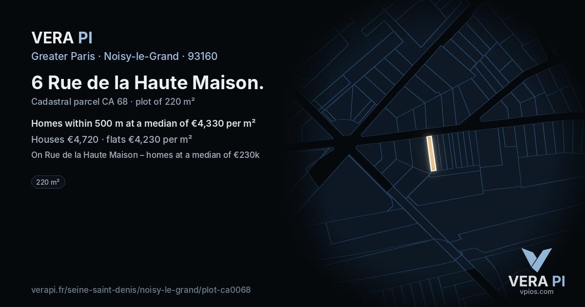 6 Rue de la Haute Maison, Noisy-le-Grand at night – the plot lit, the parcels around coloured by the prices near them