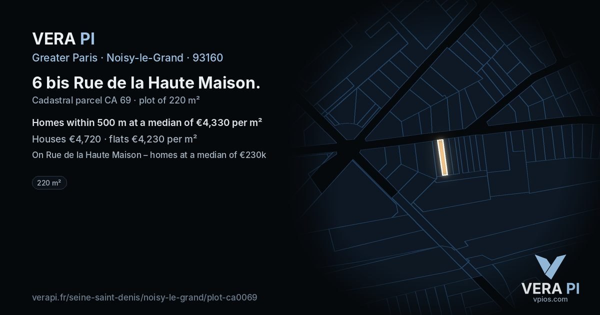 6 bis Rue de la Haute Maison, Noisy-le-Grand at night – the plot lit, the parcels around coloured by the prices near them