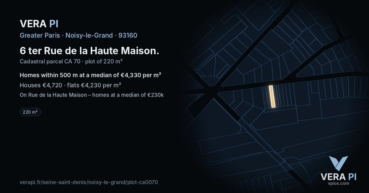 6 ter Rue de la Haute Maison, Noisy-le-Grand at night – the plot lit, the parcels around coloured by the prices near them