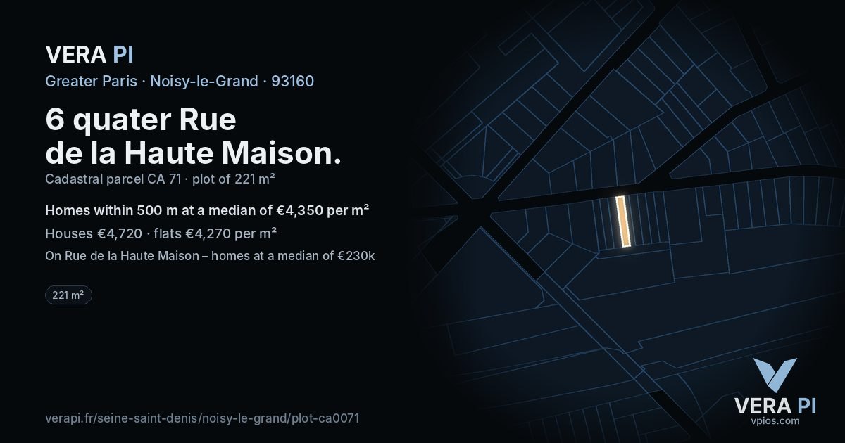 6 quater Rue de la Haute Maison, Noisy-le-Grand at night – the plot lit, the parcels around coloured by the prices near them