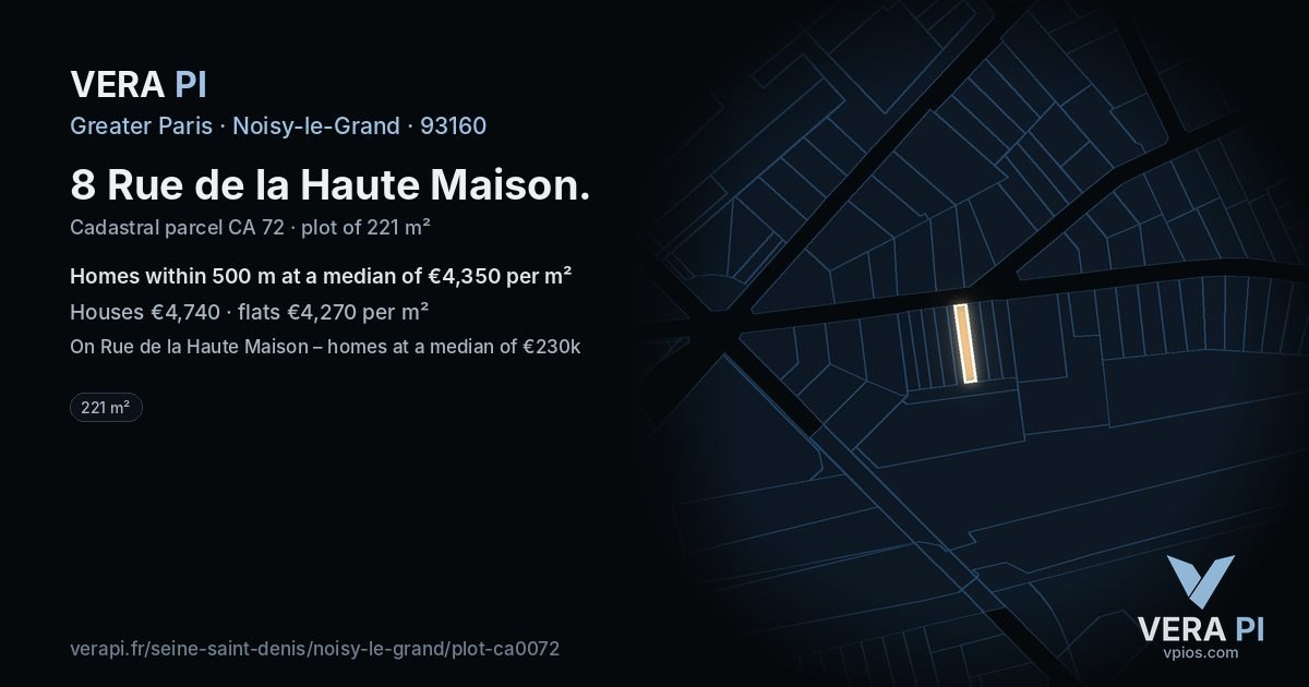 8 Rue de la Haute Maison, Noisy-le-Grand at night – the plot lit, the parcels around coloured by the prices near them