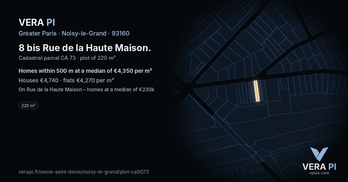 8 bis Rue de la Haute Maison, Noisy-le-Grand at night – the plot lit, the parcels around coloured by the prices near them