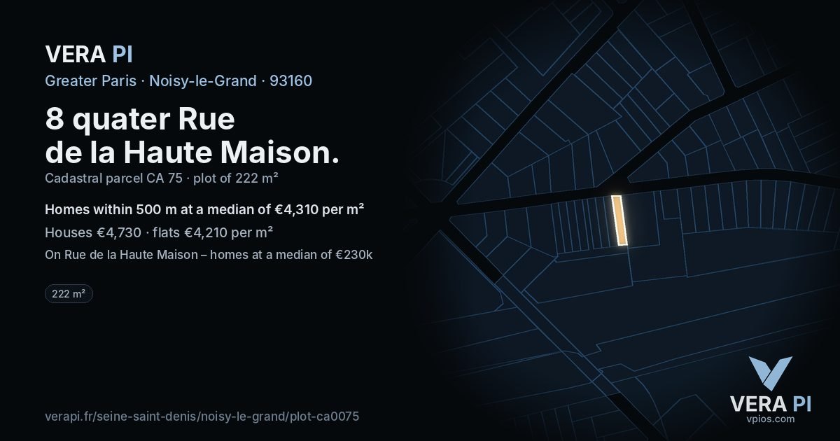8 quater Rue de la Haute Maison, Noisy-le-Grand at night – the plot lit, the parcels around coloured by the prices near them