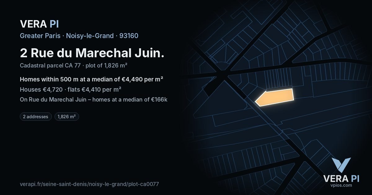 2 Rue du Marechal Juin, Noisy-le-Grand at night – the plot lit, the parcels around coloured by the prices near them