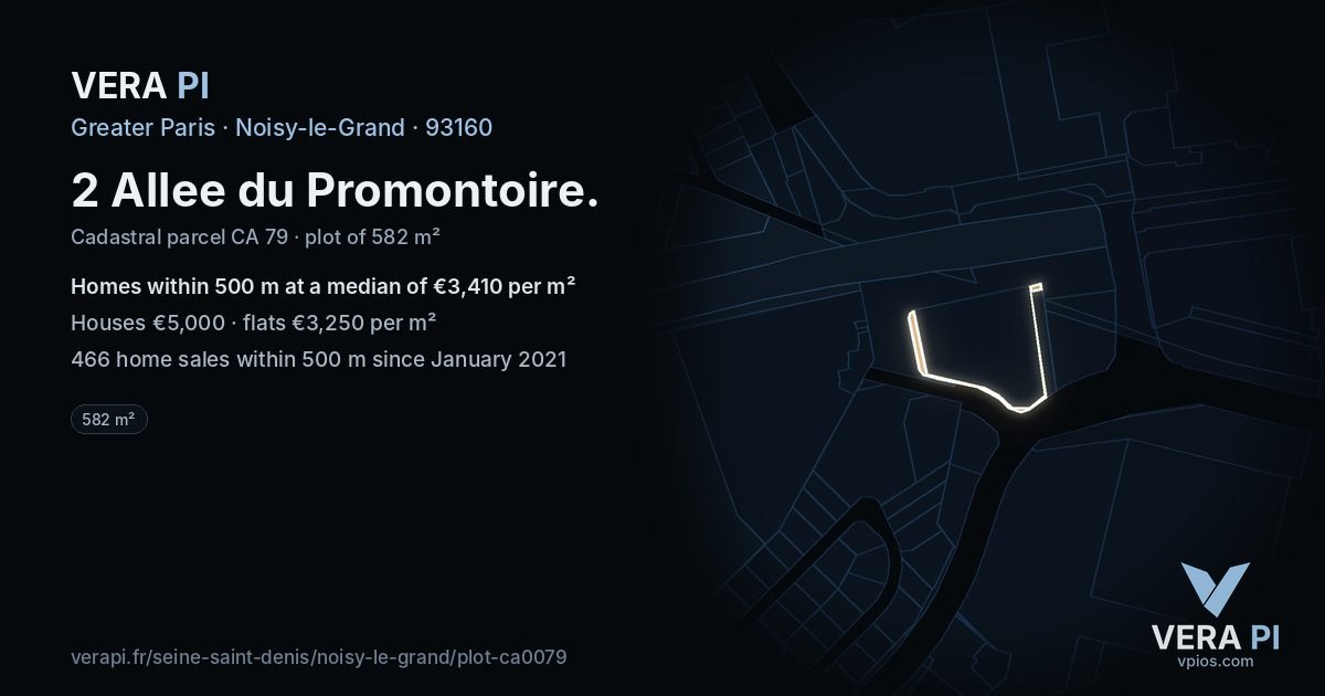 2 Allee du Promontoire, Noisy-le-Grand at night – the plot lit, the parcels around coloured by the prices near them