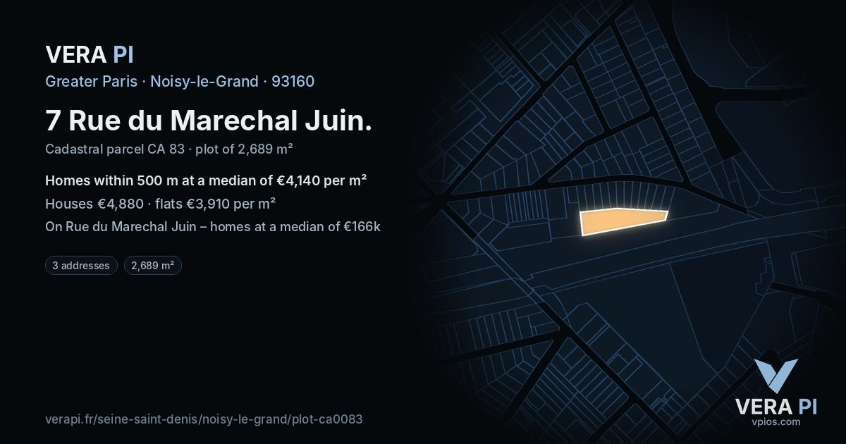 7 Rue du Marechal Juin, Noisy-le-Grand at night – the plot lit, the parcels around coloured by the prices near them