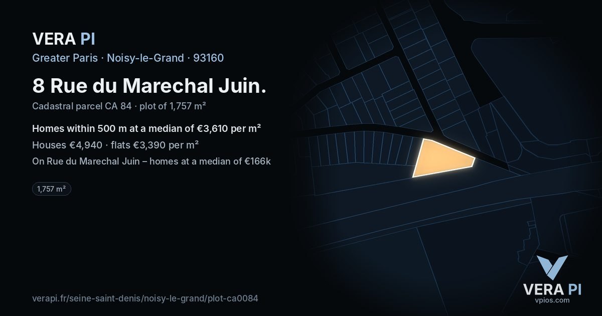 8 Rue du Marechal Juin, Noisy-le-Grand at night – the plot lit, the parcels around coloured by the prices near them