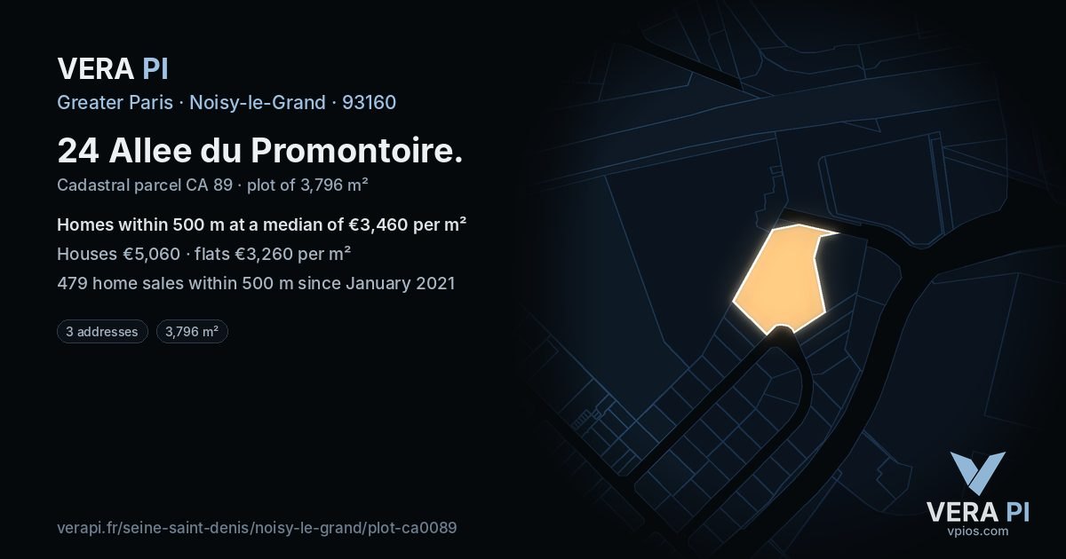 24 Allee du Promontoire, Noisy-le-Grand at night – the plot lit, the parcels around coloured by the prices near them
