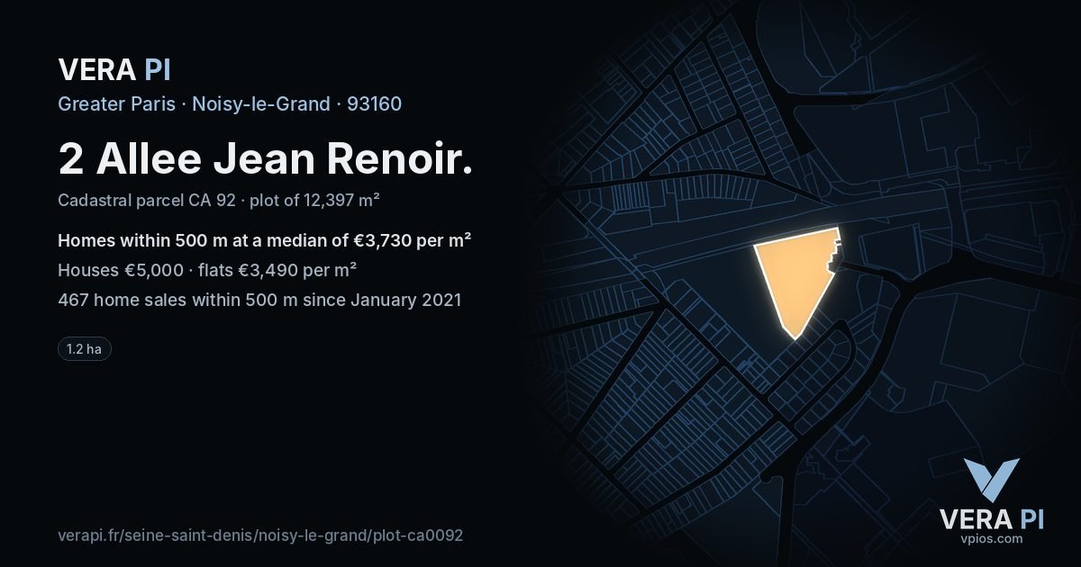 2 Allee Jean Renoir, Noisy-le-Grand at night – the plot lit, the parcels around coloured by the prices near them