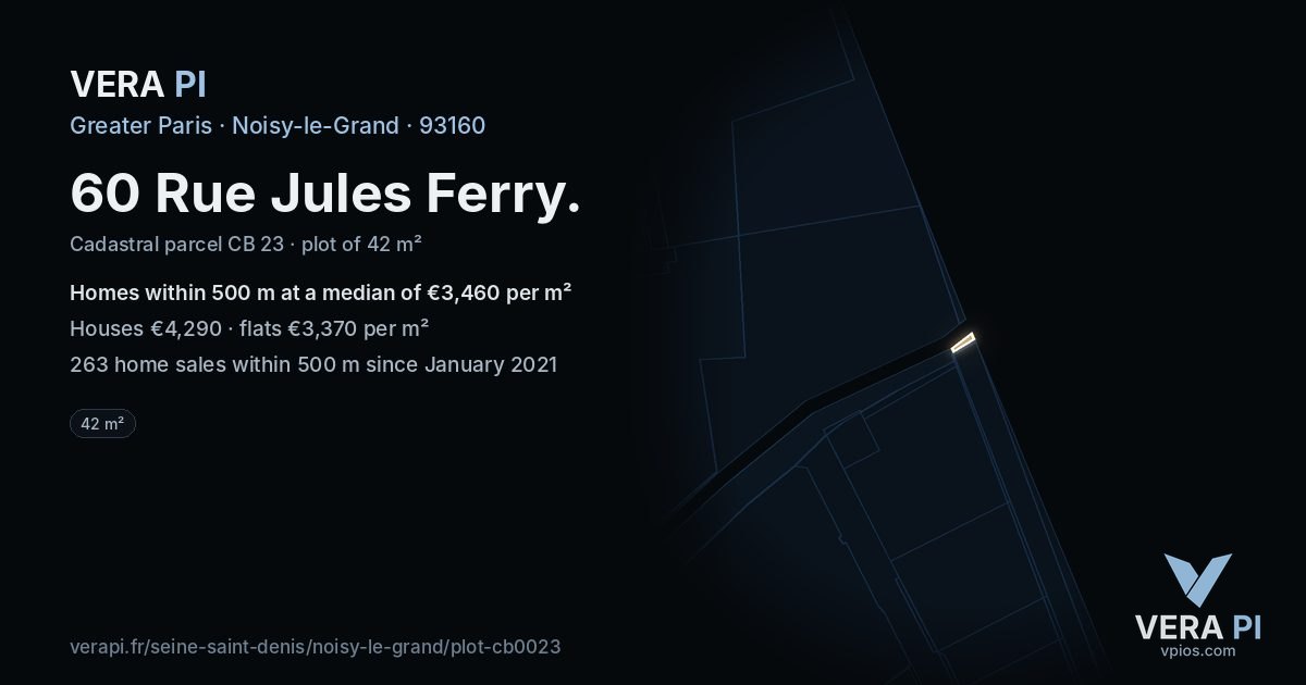 60 Rue Jules Ferry, Noisy-le-Grand at night – the plot lit, the parcels around coloured by the prices near them