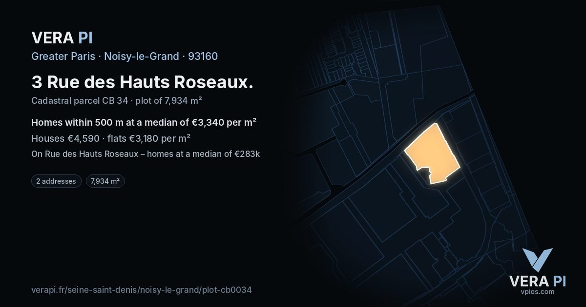 3 Rue des Hauts Roseaux, Noisy-le-Grand at night – the plot lit, the parcels around coloured by the prices near them