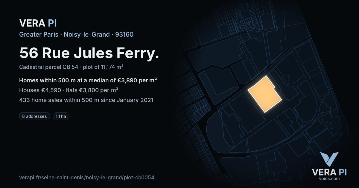 56 Rue Jules Ferry, Noisy-le-Grand at night – the plot lit, the parcels around coloured by the prices near them