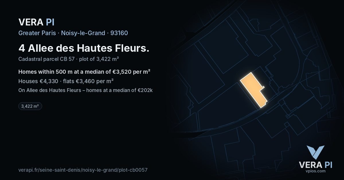 4 Allee des Hautes Fleurs, Noisy-le-Grand at night – the plot lit, the parcels around coloured by the prices near them