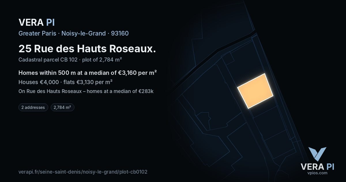 25 Rue des Hauts Roseaux, Noisy-le-Grand at night – the plot lit, the parcels around coloured by the prices near them