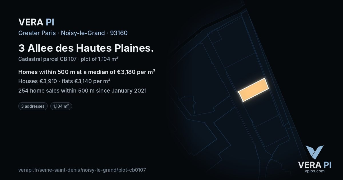 3 Allee des Hautes Plaines, Noisy-le-Grand at night – the plot lit, the parcels around coloured by the prices near them