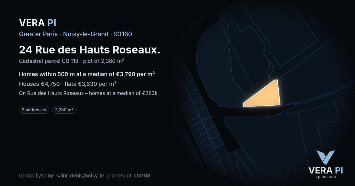 24 Rue des Hauts Roseaux, Noisy-le-Grand at night – the plot lit, the parcels around coloured by the prices near them