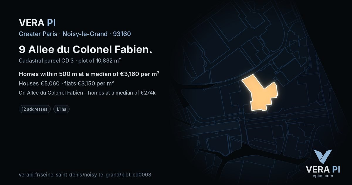 9 Allee du Colonel Fabien, Noisy-le-Grand at night – the plot lit, the parcels around coloured by the prices near them