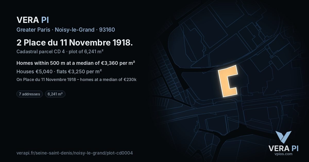2 Place du 11 Novembre 1918, Noisy-le-Grand at night – the plot lit, the parcels around coloured by the prices near them