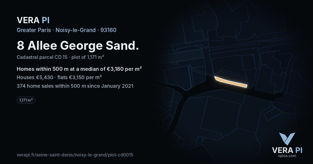 8 Allee George Sand, Noisy-le-Grand at night – the plot lit, the parcels around coloured by the prices near them