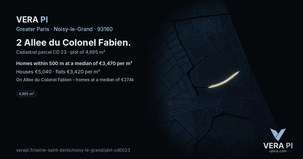 2 Allee du Colonel Fabien, Noisy-le-Grand at night – the plot lit, the parcels around coloured by the prices near them