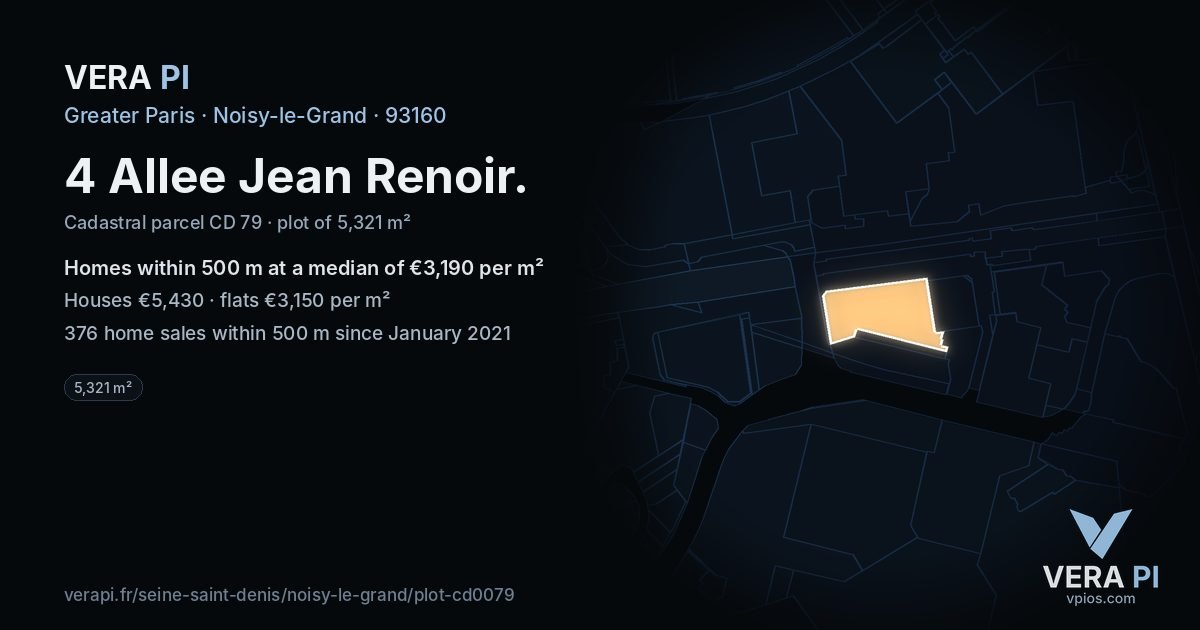 4 Allee Jean Renoir, Noisy-le-Grand at night – the plot lit, the parcels around coloured by the prices near them