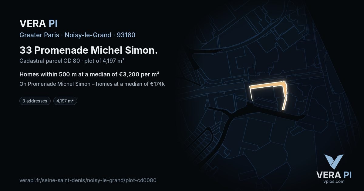 33 Promenade Michel Simon, Noisy-le-Grand at night – the plot lit, the parcels around coloured by the prices near them