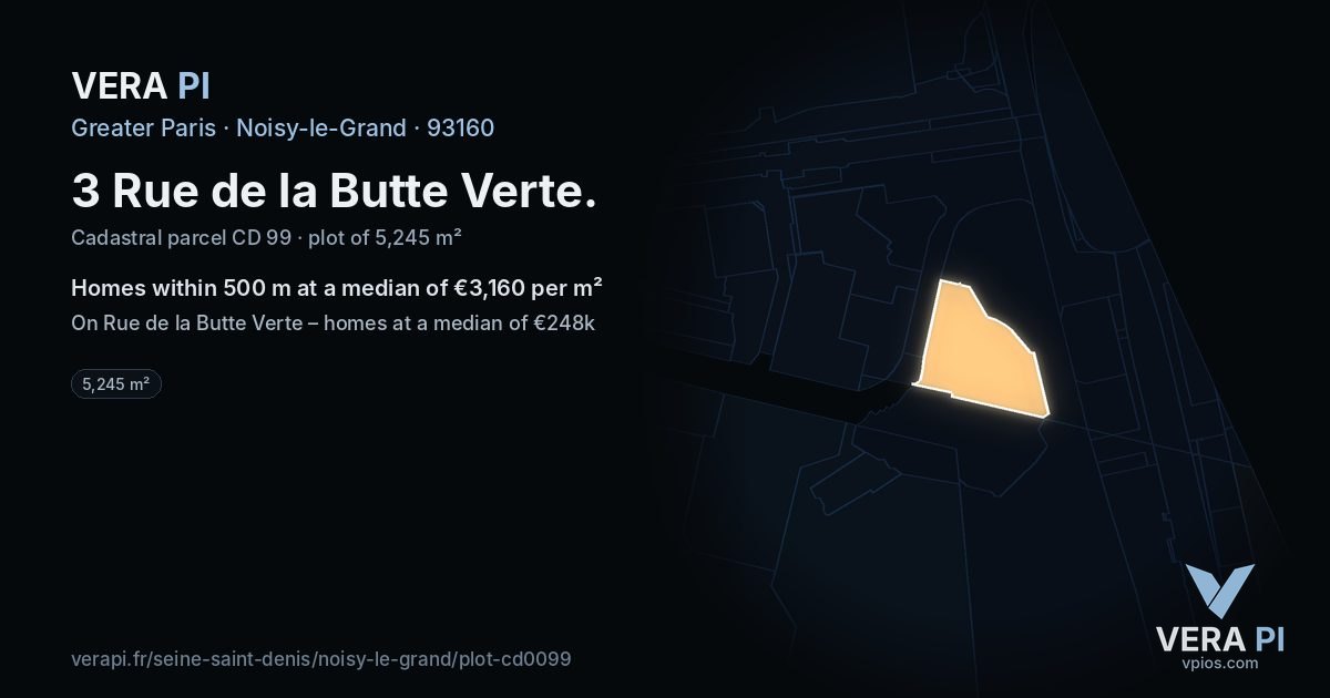 3 Rue de la Butte Verte, Noisy-le-Grand at night – the plot lit, the parcels around coloured by the prices near them