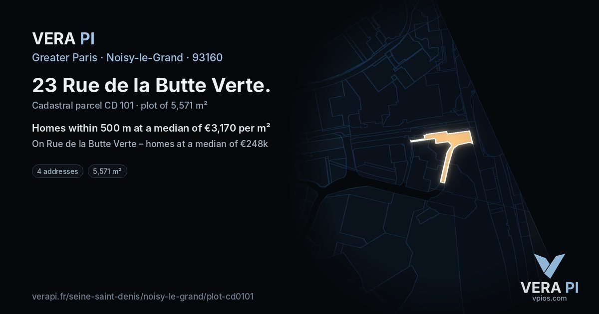 23 Rue de la Butte Verte, Noisy-le-Grand at night – the plot lit, the parcels around coloured by the prices near them