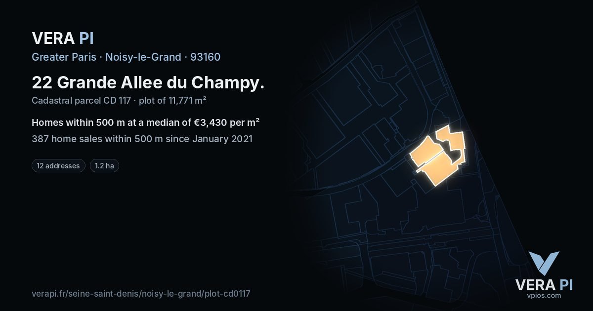 22 Grande Allee du Champy, Noisy-le-Grand at night – the plot lit, the parcels around coloured by the prices near them