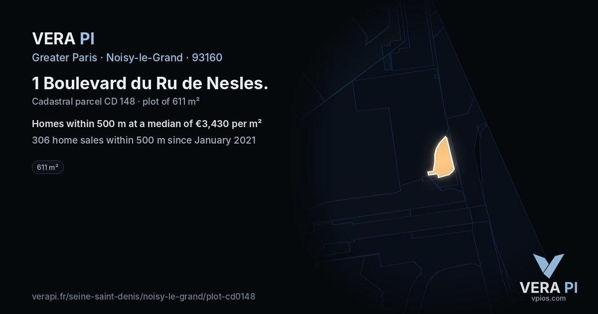 1 Boulevard du Ru de Nesles, Noisy-le-Grand at night – the plot lit, the parcels around coloured by the prices near them