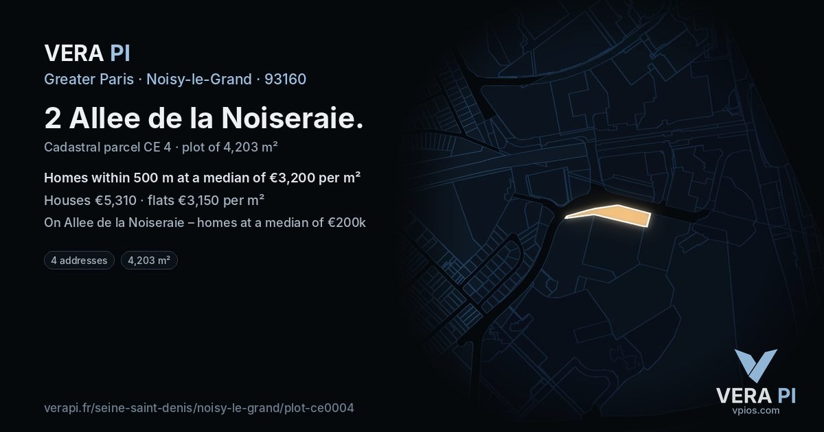 2 Allee de la Noiseraie, Noisy-le-Grand at night – the plot lit, the parcels around coloured by the prices near them