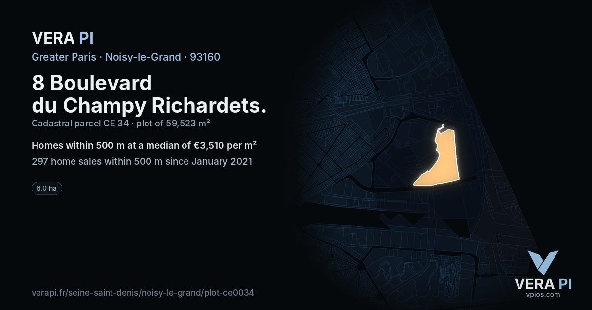 8 Boulevard du Champy Richardets, Noisy-le-Grand at night – the plot lit, the parcels around coloured by the prices near them