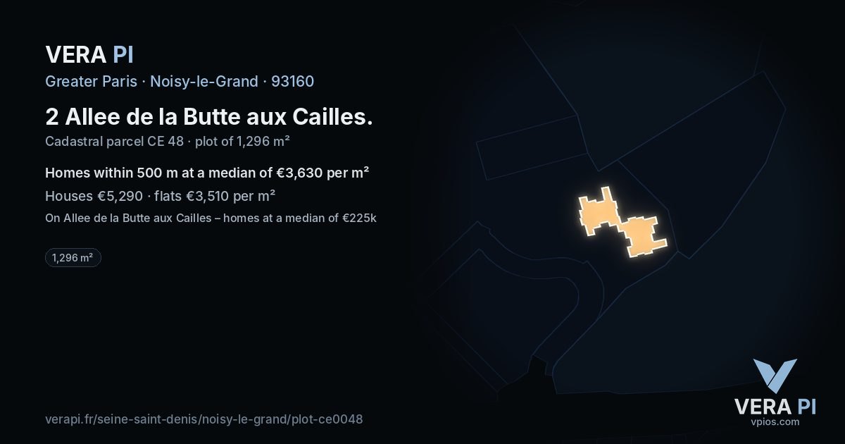 2 Allee de la Butte aux Cailles, Noisy-le-Grand at night – the plot lit, the parcels around coloured by the prices near them