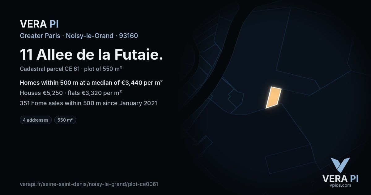 11 Allee de la Futaie, Noisy-le-Grand at night – the plot lit, the parcels around coloured by the prices near them