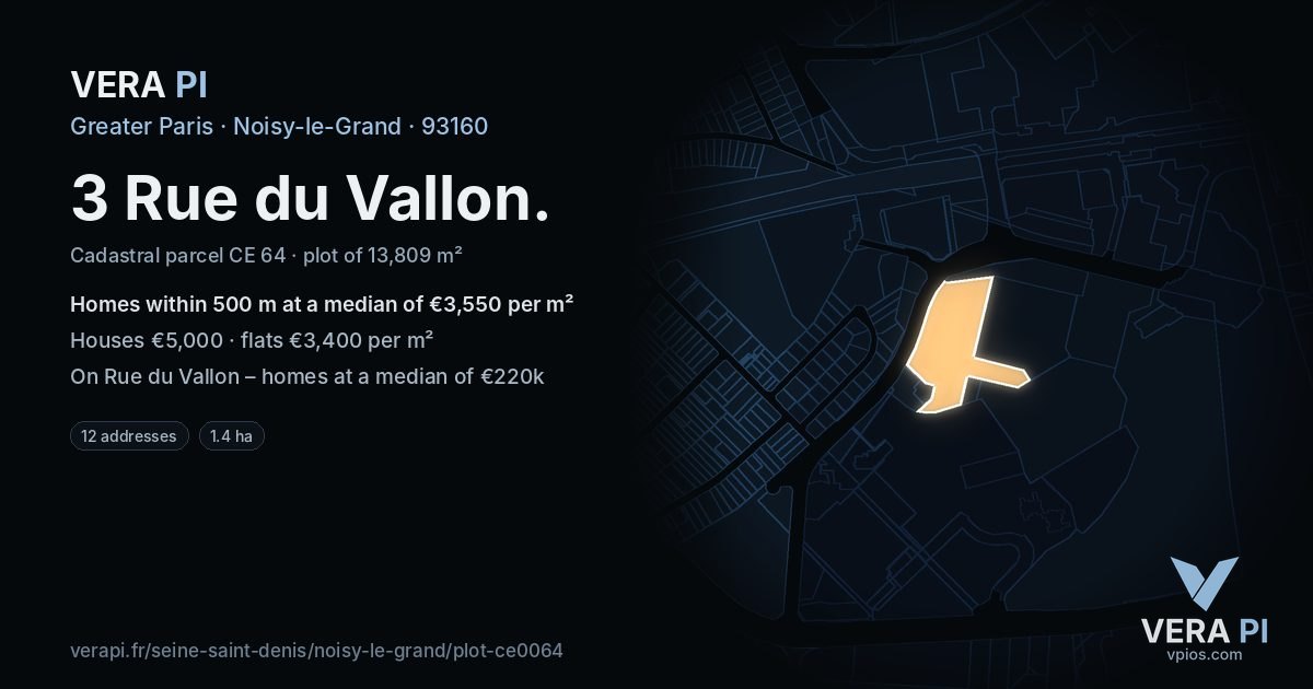 3 Rue du Vallon, Noisy-le-Grand at night – the plot lit, the parcels around coloured by the prices near them
