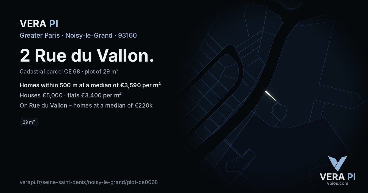 2 Rue du Vallon, Noisy-le-Grand at night – the plot lit, the parcels around coloured by the prices near them