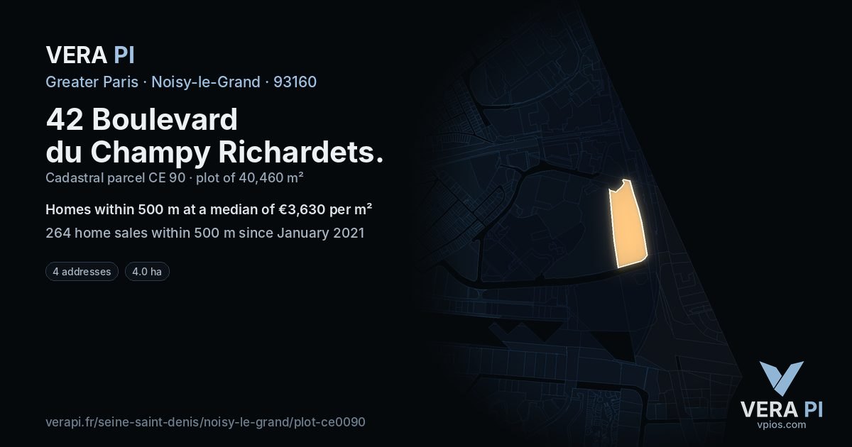 42 Boulevard du Champy Richardets, Noisy-le-Grand at night – the plot lit, the parcels around coloured by the prices near them