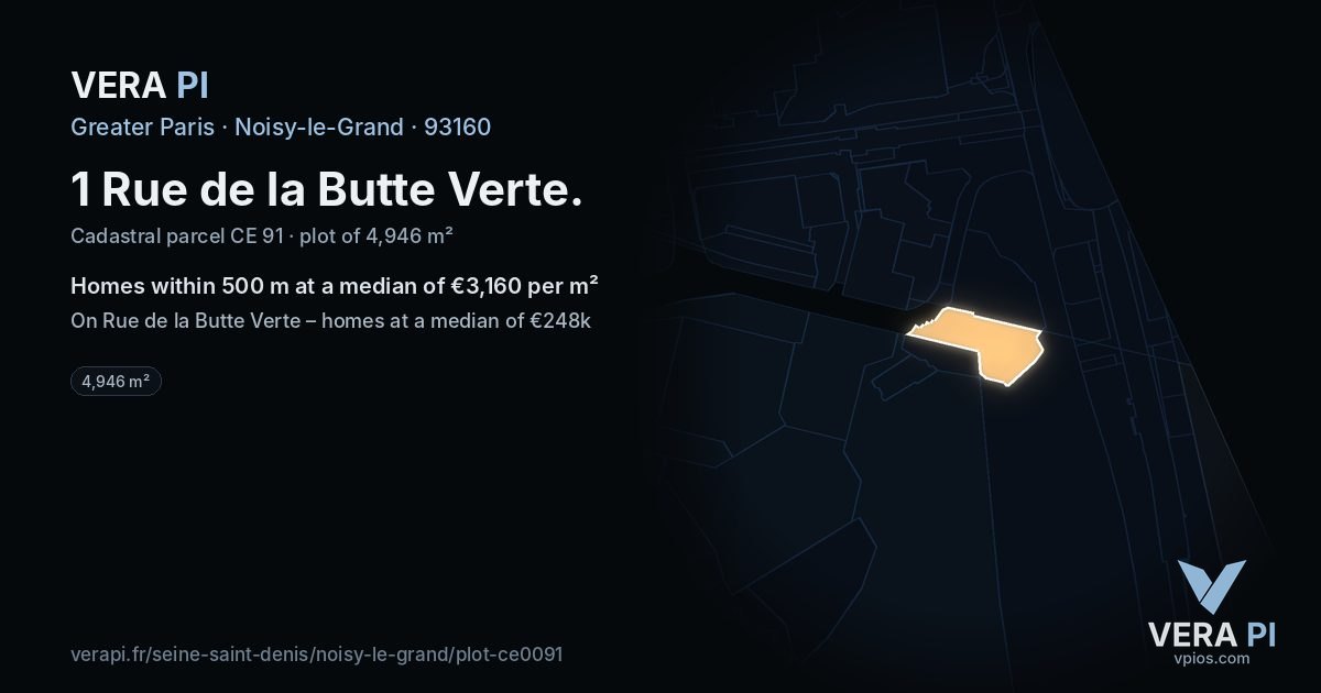 1 Rue de la Butte Verte, Noisy-le-Grand at night – the plot lit, the parcels around coloured by the prices near them